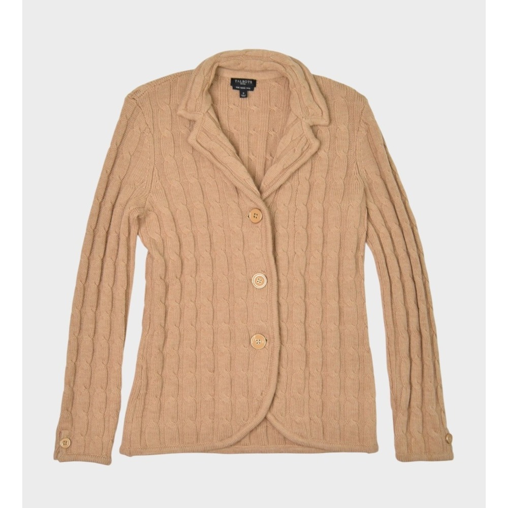 Talbots Sweater Womens XS P Brown Merino Wool Cable Knit Cardigan Button Front